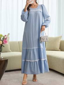 Al Najma Round Neck Contrast Lace Textured Fabric Lantern Sleeve Arabic Style Dress - Blue - View 6