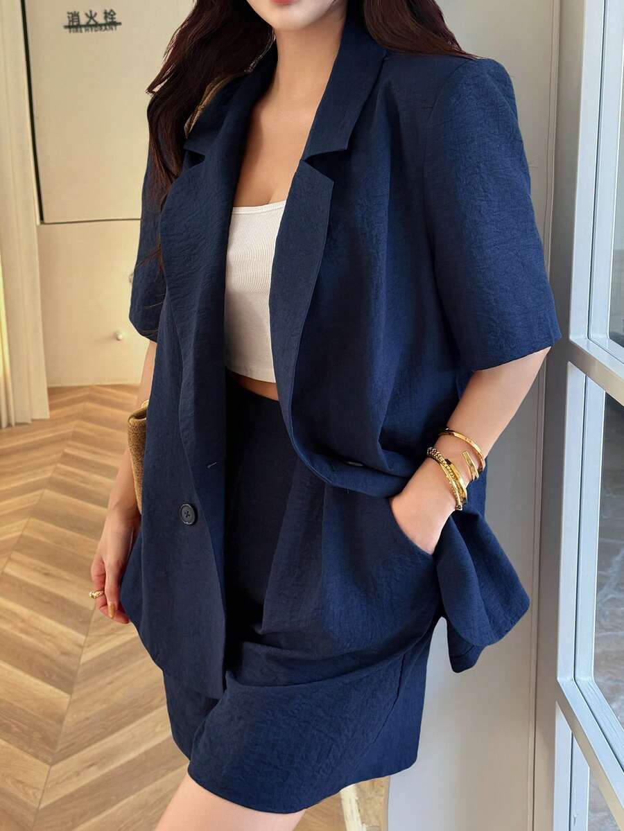 Feyla 女士休闲翻领双排扣短袖西装外套短裤套装，适合工作和日常通勤，夏季 - 藏蓝色 - 查看 1