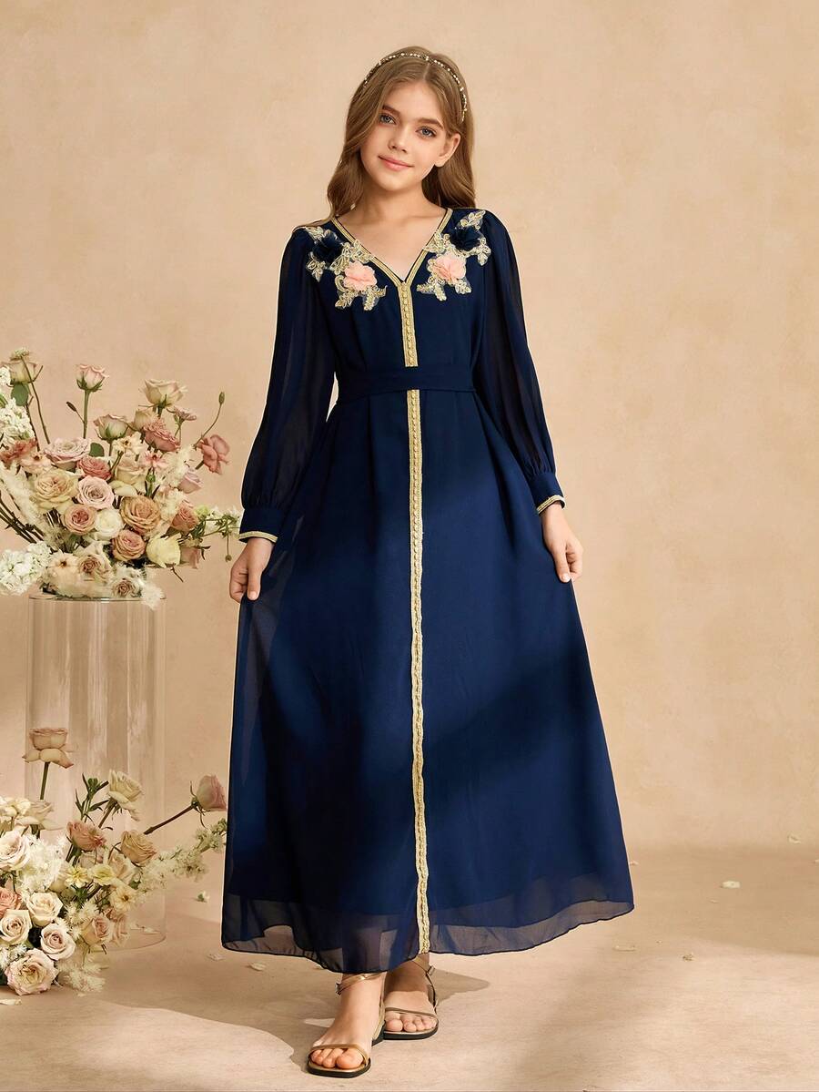 Elegante abito in chiffon con scollo a V e fili d'oro, manica lunga, adatto per matrimoni, gala, compleanni, feste e cerimonie per ragazze pre-adolescenti - Blu Navy - Visualizzare 1