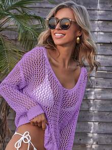 SHEIN Swim 女士网纱宽松纯色休闲罩衫 - 紫羅蘭色 - 查看 4