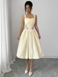 Modelyn Vestido midi con fruncido y bordado floral para mujer, de verano - Amarillo - Ver 5