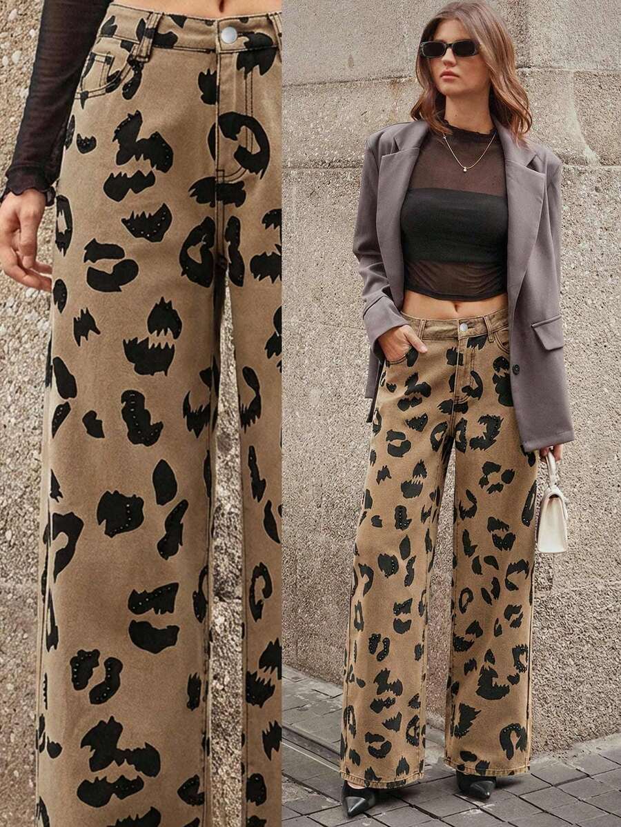 SHEIN Unity 女士豹纹口袋阔腿宽松休闲牛仔裤 - 卡其色 - 查看 1