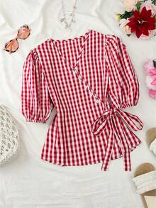 GlowEve 格子V领短袖收腰设计女士优雅衬衫 - 紅色 - 查看 3