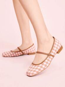 CUCCOO DOLLMOD Sepatu Mary Jane Wanita Motif Kotak-kotak Cokelat Muda, Ujung Persegi Datar, Sepatu Hak Rendah yang Lucu dengan Gaya Kampus, Cocok untuk Musim Semi, Paskah, Natal - Coklat Berkarat A - View 3