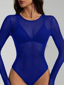 SHEIN Tall See Through Mesh Bodysuit Without Lingerie - Royal Blue - View 5