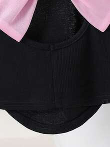 Emery Rose Kids Young Girls Solid Color Fitted Cropped Backless Organza Bow Decor Short Sleeve T-Shirt,Fashionable French Elegant Summer,Y2K Pink,First Birthday,Kids - Pink - View 7
