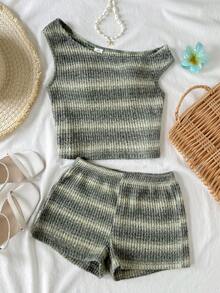SHEIN Tween Girl Casual Asymmetric Textured Striped Cropped Off-Shoulder T-Shirt And Shorts 2-Piece Set, Vacation 2-Piece, Boho - Green - View 3