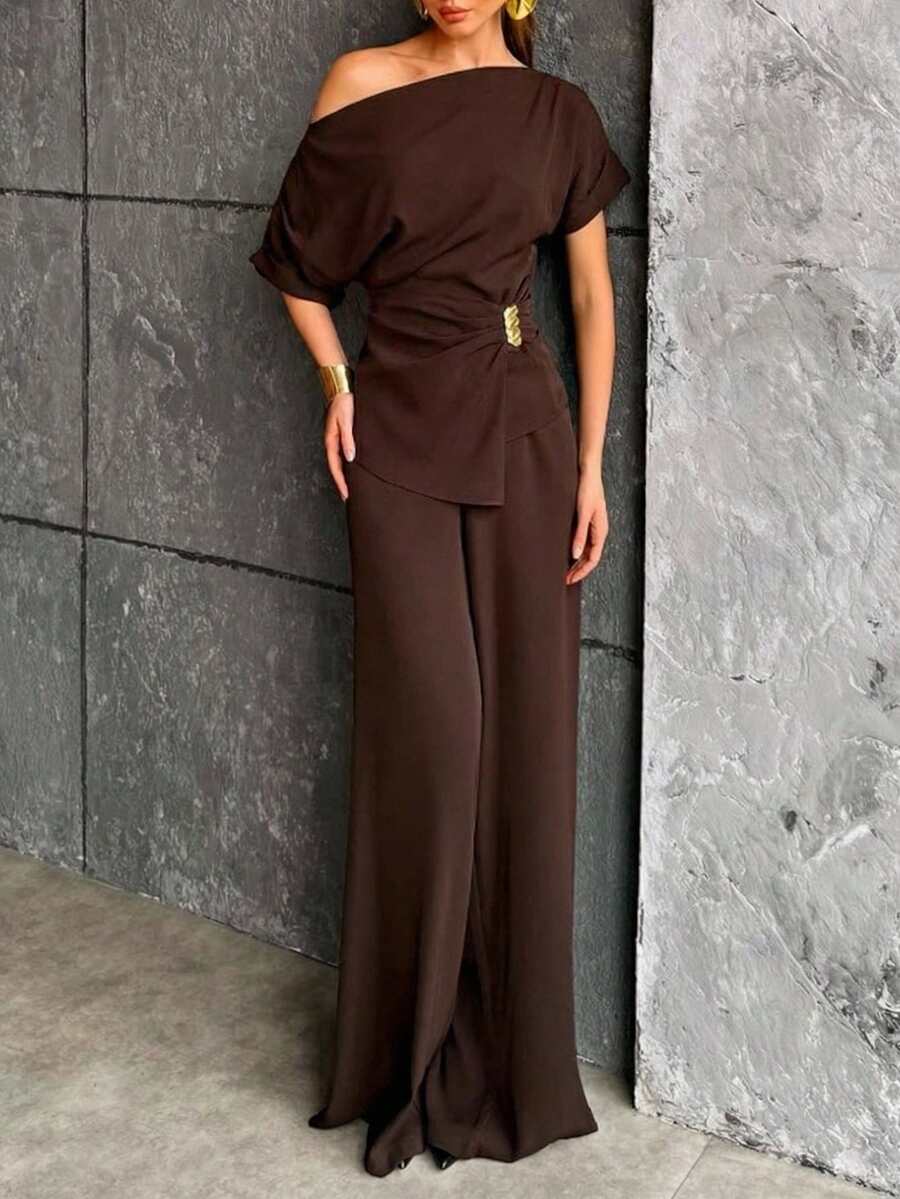 Aloruh 女士褶皱肩部咖啡色通勤上衣和裤子套装 - 咖啡棕 - 查看 1