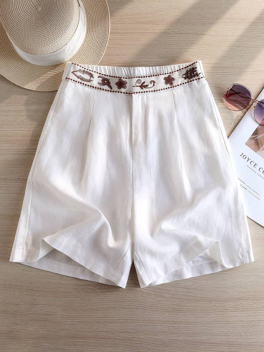 GlowEve 女士弹力腰带印花休闲百搭短裤 - 白色 - 查看 1