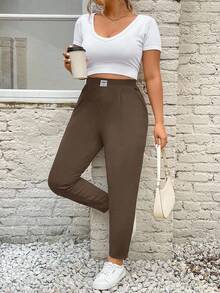 SHEIN PETITE CURVE 大码纯色褶裥口袋休闲裤 - 棕色 - 查看 6