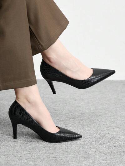 CUCCOO BIZCHIC Women Shoes Pointed Thin High Heel Black Embossed Simple Women's High Heel Shoes Outdoor Commuter Daily Versatile Work Party Banquet Women's Shoes Spring Shoes