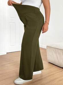Plussiva Plus Size Maternity Casual Solid Color Adjustable High Waist Loose Wide Leg Pants - Army Green - View 5