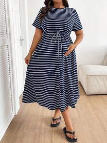 Plussiva Gaun Kasual Longgar Bergaris untuk Ibu Hamil, Ukuran Besar - Royal Blue - View 4