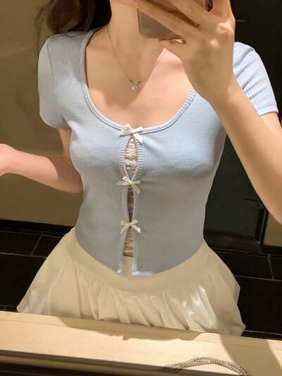 レディース夏用 ルーズカラー 半袖 コントラストカラー レースパッチワーク スリムカジュアルプルオーバーTシャツ