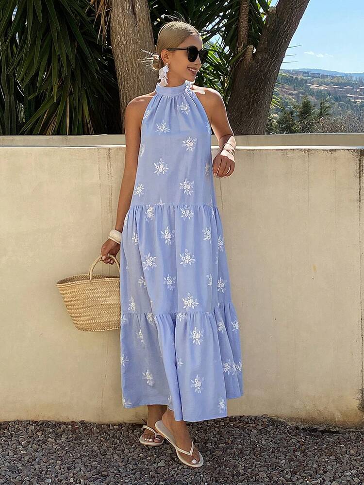 Women's Round Neck Sleeveless Printed Tie-Up Long Vacation Dress Sundress Summer Boho