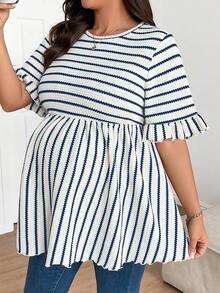 SHEIN Umstandsmode Große Größen Gestreiftes Rundhals Lässig Kurzarm Oberteil - Blau - Übersicht 4