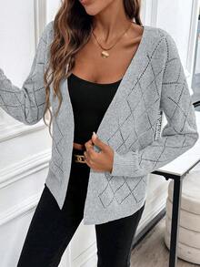 EMERY ROSE Casual Comfortable Hollow Diamond Pattern Cardigan For Women Everyday Light Grey Autumn - Grey - View 4