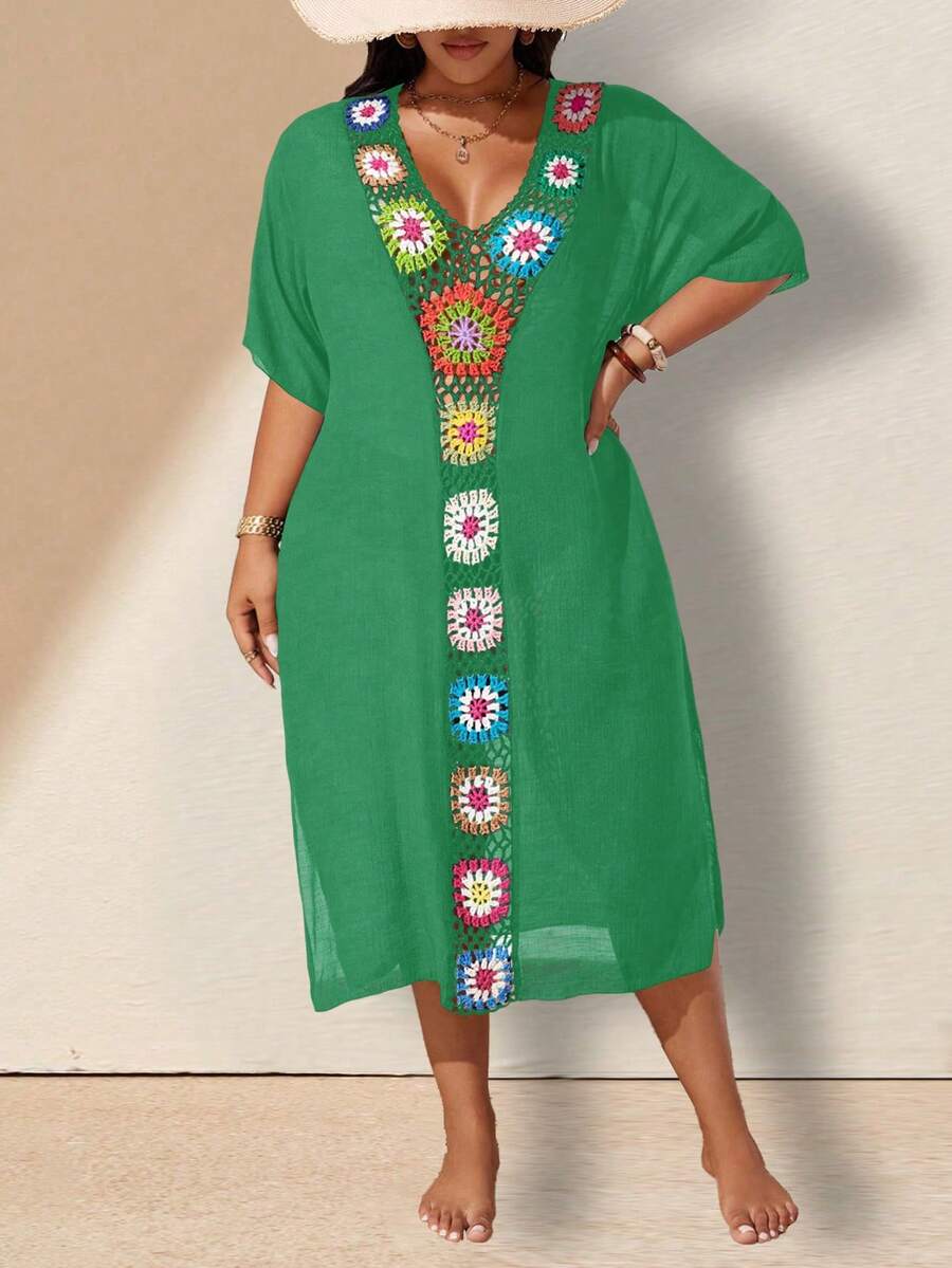 Swim Lushoire Plus Size Summer Vacation Hand-Crocheted Floral Knit Cover-Up Dress - Green - View 1
