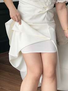 Dazy Plus Vestido de fiesta elegante con cuello redondo, volantes en la cintura y encaje para mujer de talla grande - Albaricoque - Ver 4
