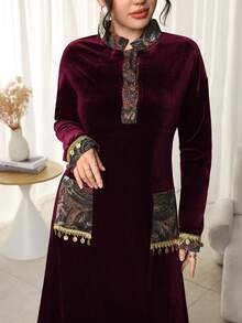 Al Najma Women's Elegant Arabic Style Floral Print Patchwork Long Sleeve Dress - Burgundy - View 2