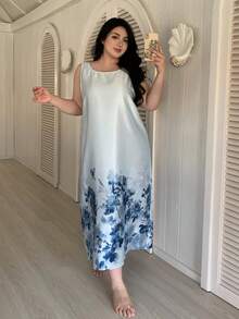Dazy Plus Piyama Tidur Kasual Tanpa Lengan Leher Bulat Motif Bunga untuk Wanita Ukuran Besar - Biru - View 7