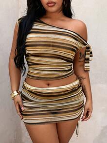Rustia Plus Size Women Striped Print Asymmetric Collar Top And Mini Skirt 2 Pieces Set - Brown - View 1
