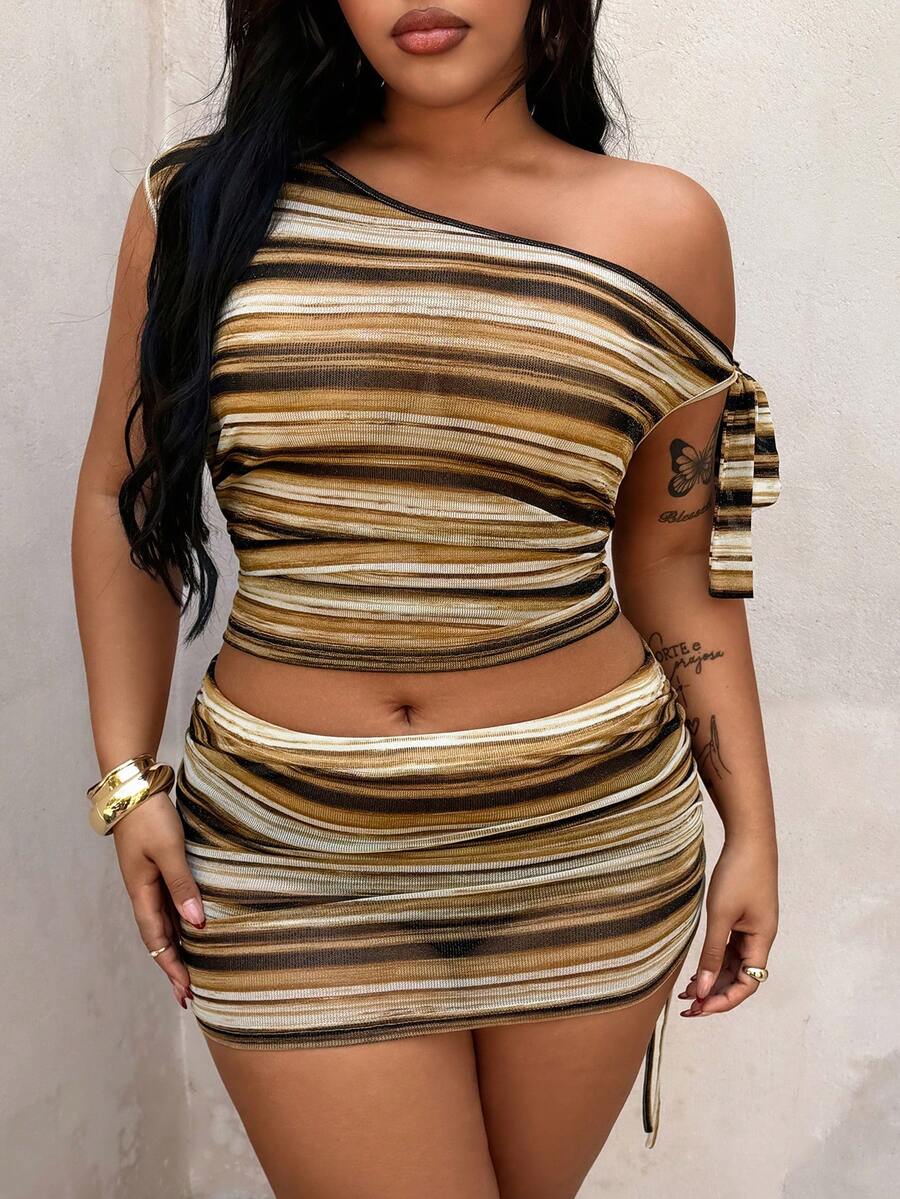 Rustia Plus Size Women Striped Print Asymmetric Collar Top And Mini Skirt 2 Pieces Set - Brown - View 1
