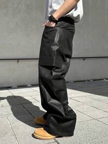 Manfinity EMRG 男士黑色 PU 皮裤，宽松直筒裤，百搭皮裤 男士黑色皮裤 男士阔腿裤 男士超大裤 黑色皮革街头潮流裤 男士宽松裤，街头潮流，男友礼物。男士宽松宽裤 宽松黑色裤 男士超大裤 黑色宽松裤 - 黑色 - 查看 3