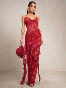 Silquee Elegant And Sexy Red Lace Ruffled Backless Slip Dress, Summer Dress, Spring Dress, Valentine's Day Dress, Everyday Dress, Robe, Carnival Costume, Party Dress, Elegant Party Dress, Women's Elegant Dress, Women's Wedding Guest Dress, Women's Luxury Evening Gown, Romantic Dress, Abaya - Burgundy - View 3