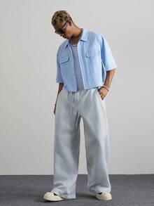 PAVTROS Loose Fit Men's Drawstring Waist Wide Leg Sweatpants - Light Grey - View 3
