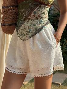 Livesso White Lace Patchwork Casual Beach Shorts For Women, Suitable For Spring & Summer, Vacation & Wedding Boho - White - View 8