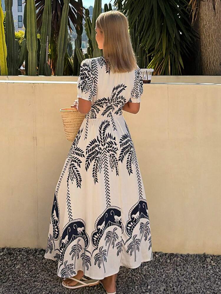 Vintage Floral Print V-Neck Tie Waist Petal Sleeve Dress, French Riviera Style For Summer Sundress Boho Vacation Outfits Women