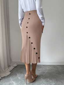 Elenzga Women's Elegant Fitted Pleated Pencil Skirt - Brown - View 4
