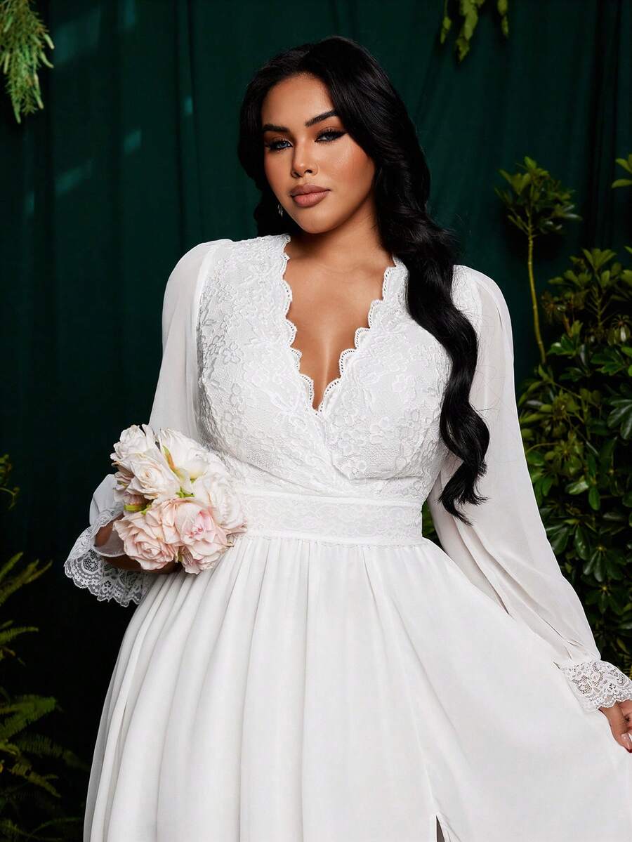 Roveilla Vestido de manga larga con cintura ceñida y falda acampanada, con cuello y ribete floral, talla grande, para boda, fiesta y ocasiones especiales - Blanco - Ver 1