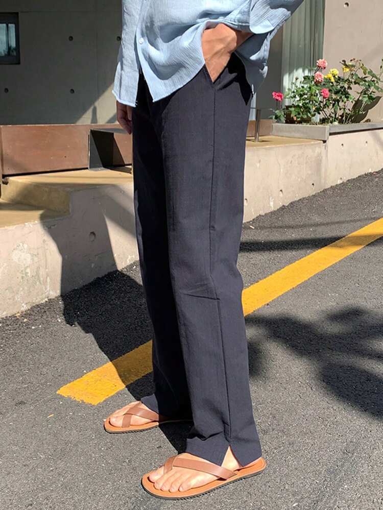 Navy Blue Straight Leg Casual Pants For Men, Spring