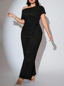 Modelyn 大码女式纯色不对称肩部花卉装饰上衣和阔腿裤优雅两件套 - 黑色 - 查看 5