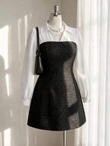 SHEIN MOD Vestido de negocios casual elegante de talla grande con bloqueo de color y empalme - Blanco y Negro - Ver 9