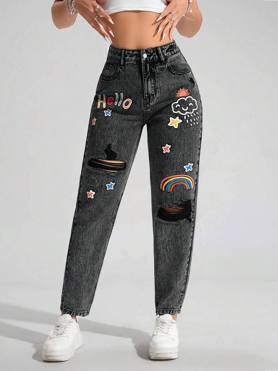 SHEIN ICON 大码做旧百搭休闲彩色印花牛仔裤 - 黑色 - 查看 1