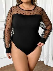 SHEIN CURVE+ Plus Size Women Flocked Polka Dot Mesh Patchwork Jumpsuit - Black - View 5
