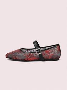 CUCCOO DOLLMOD Women's Shoes Mesh Embroidery Decorative Flat Bottom Mary Jane - Rouge Casaque - View 8