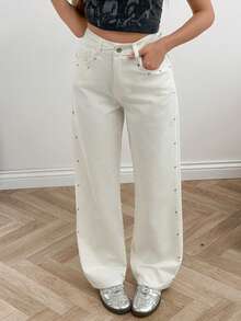 EURMUSE Jean droit blanc en denim à taille haute avec clous pour femmes - Blanc - Voir 5