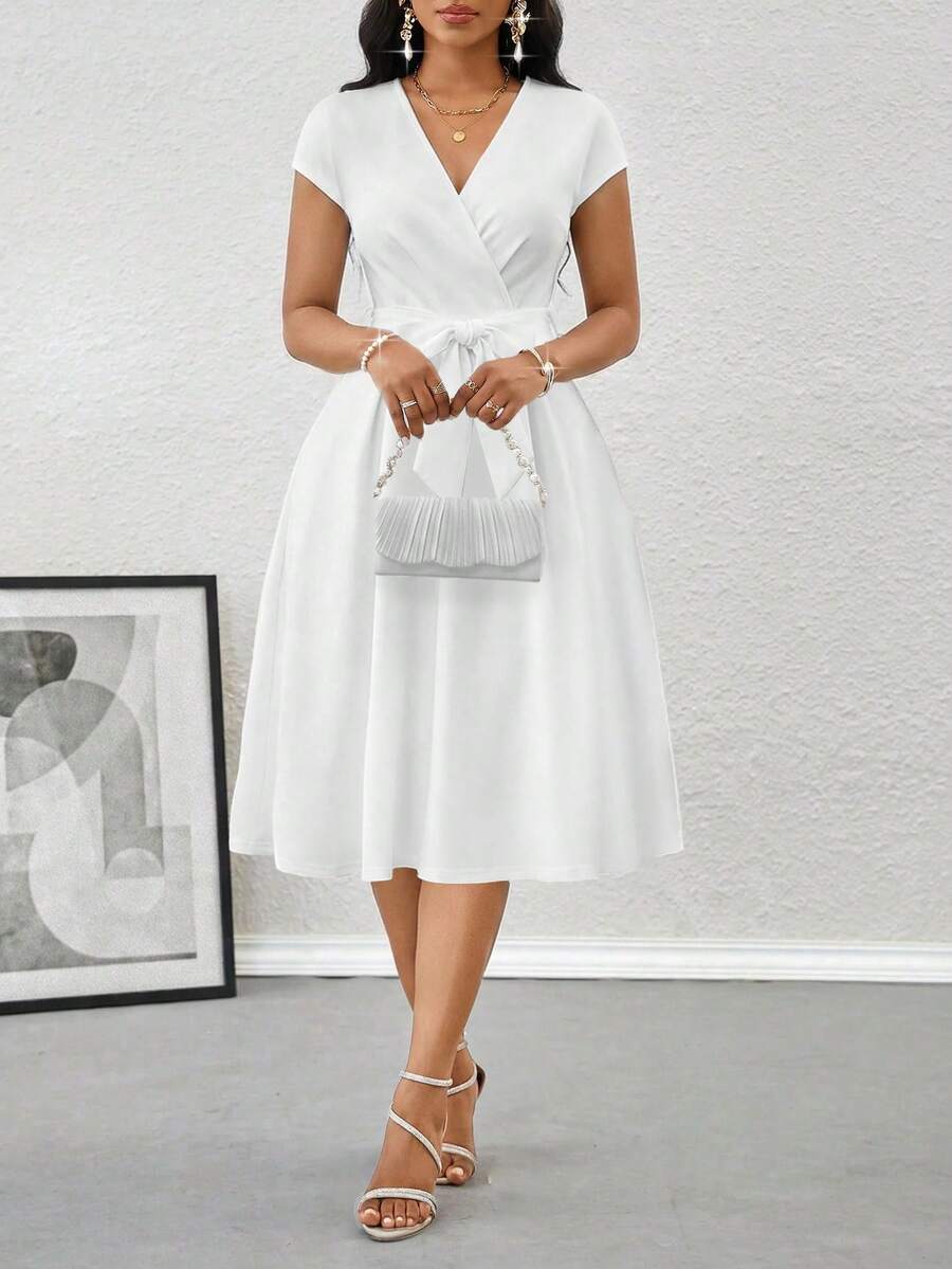 SHEIN Lady Women's Solid Color V-Neck Wrap Elegant Short Sleeve Mid-Length Dress,Summer Dresses For Women - White - View 1