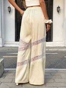 SHEIN PariChic White,Autumn,Classy,Elegant,Vacation,Holiday French Soft Style Lace Patchwork Straight-Leg Pants Women,Stretch Waist Drawstring Loose Wide Leg Palazzo - Apricot - View 2