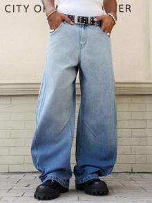 Manfinity EMRG Men's Casual Loose Fit Distressed Flared Leg Blue Jeans - Medium Wash - View 5