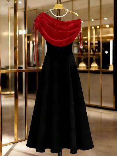 GlowEve Women Senior Sense Black And White Bump Color Swing Collar Oblique Shoulder Waist A -Line Dress, Party Dress, Daily