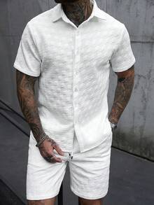 Manfinity Homme Men's Solid Color Button-Front Short Sleeve Shirt And Drawstring Waist Shorts 2 Piece Set,White Summer Casual City Break Men's Outfits - White - View 4