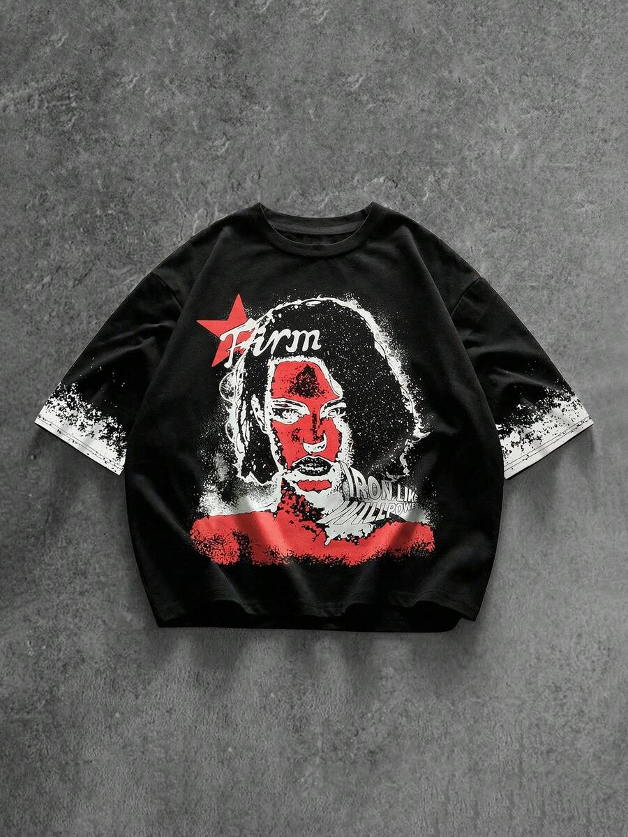 ROMWE MEN 男士休闲印花短袖T恤，夏季 - 黑色 - 查看 1