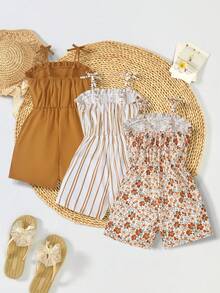 SHEIN 3pcs/Set Tween Girls Casual Floral Striped Solid Color Romper Suitable For Family With Multiple Children, Beach Vacation, Outdoor Play, School - Multicolor - View 2