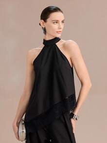 Uhlyne 女士夏季法式优雅休闲无肩带蕾丝拼接不对称下摆吊带背心和高腰褶裥直筒裤休闲黑色两件套 - 黑色 - 查看 3