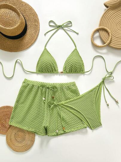 Swim Vcay 26SS Green Textured Fabric Bikini 3 Pieces Set, Suitable For Beach & Resort Wear, Spring/Summer,New Women's Swimwear ArrivalFor School,Suitable For Holiday, Date, Afternoon Tea, Western, Cruise, Beach, Island, Road Trip, All Seasons, Music Festival, Boho Vacation,Bohemian Vacation, Chill Autumn ,Western Boho ,Elegant Tops For Women Summer Matching Set Beach Sets For Women Beach Shorts Set  Crochet Beach Set